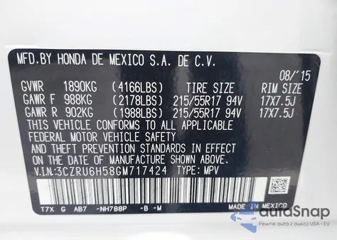 2016 Honda Hr-V Ex from USA, damaged, VIN 3CZRU6H58GM717424